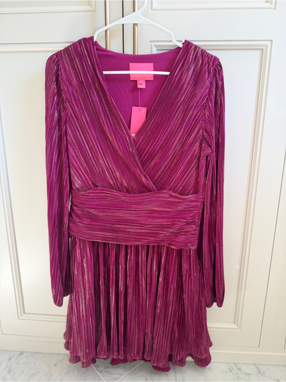 Lilly Pulitzer Fuchsia Silk Metallic V-Neck Pleated Women's Dress
